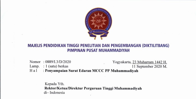 Surat Edaran Majelis Diktilitbang Tentang Penyampaian Surat Edaran MCCC PP Muhammadiyah