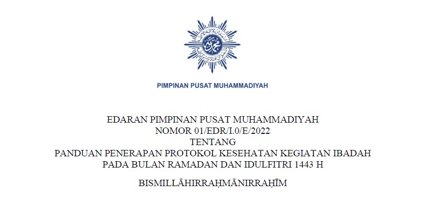 Edaran PP Muhammadiyah Tentang Penerapan Protokol Kesehatan Ibadah Ramadan dan Idulfitri 1443 H